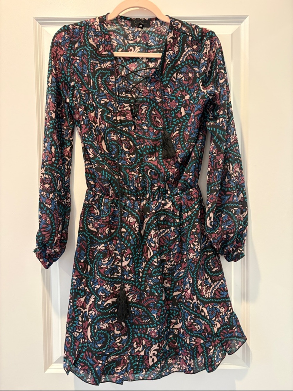 Jessica Simpson Teal & Pink Paisley Tie-Waist Long Sleeve Dress